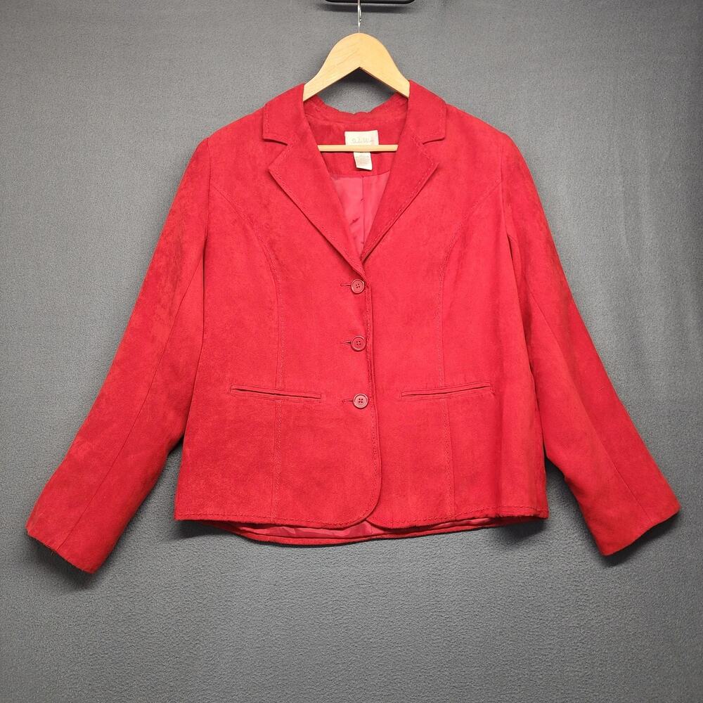 Studio Works Blazer Womens 12 Red Faux Suede 3 Button Notch Lapel Lined Jacket